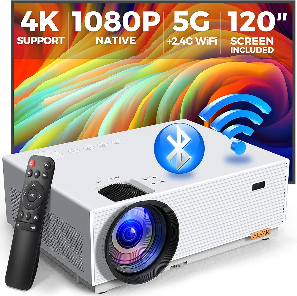 Mini Projector with 5G WiFi and Bluetooth, ALVAR 15000L 450 ANSI Native 1080P Portable Projector 4K Support, Outdoor Movie Projector with 120" Screen & 400" Display Compatible w/ TV Stick/HDMI/USB/PS5