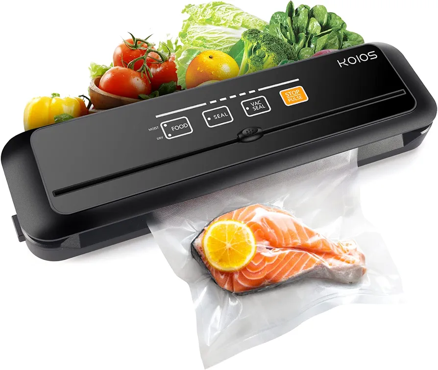 KOIOS Vacuum Sealer Machine, 90Kpa Automatic Vacuum Air food sealer/Built-in Cutter Starter Kit, Dry & Moist Food Preservation Modes, Pulse Function, LED Indicator Lights, Black