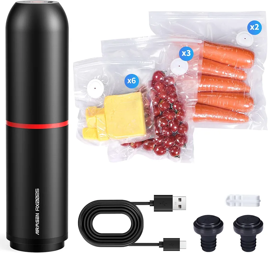 AIRMSEN Handheld Vacuum Sealer for Food Preservation & Storage, Portable Mini Vacuum Sealer with 11 PCS Reusable Sous Vide Bags and 2 PCS Vacuum Wine Sealer