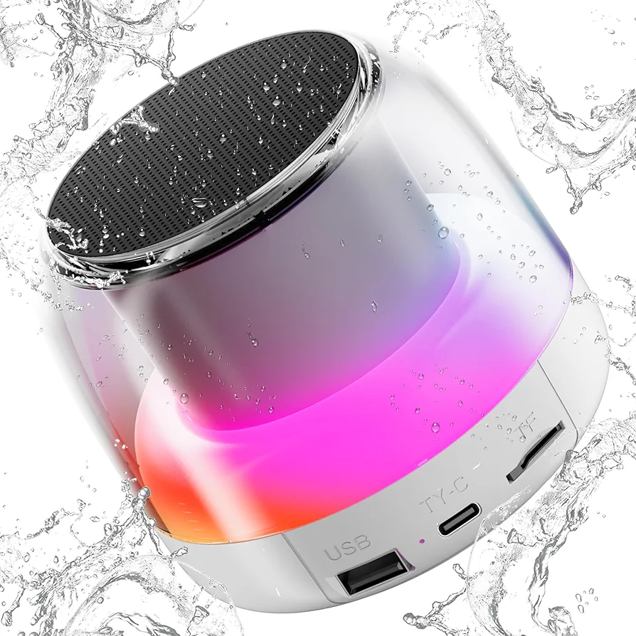 Bluetooth Speaker with Stereo Bass, Portable Speakers Bluetooth Wireless V5.3 with RGB Lights, TF-Card USB, Double Pairing, 4H Playtime, IP7 Waterproof Speakers for Travel Party Home Outdoor, White