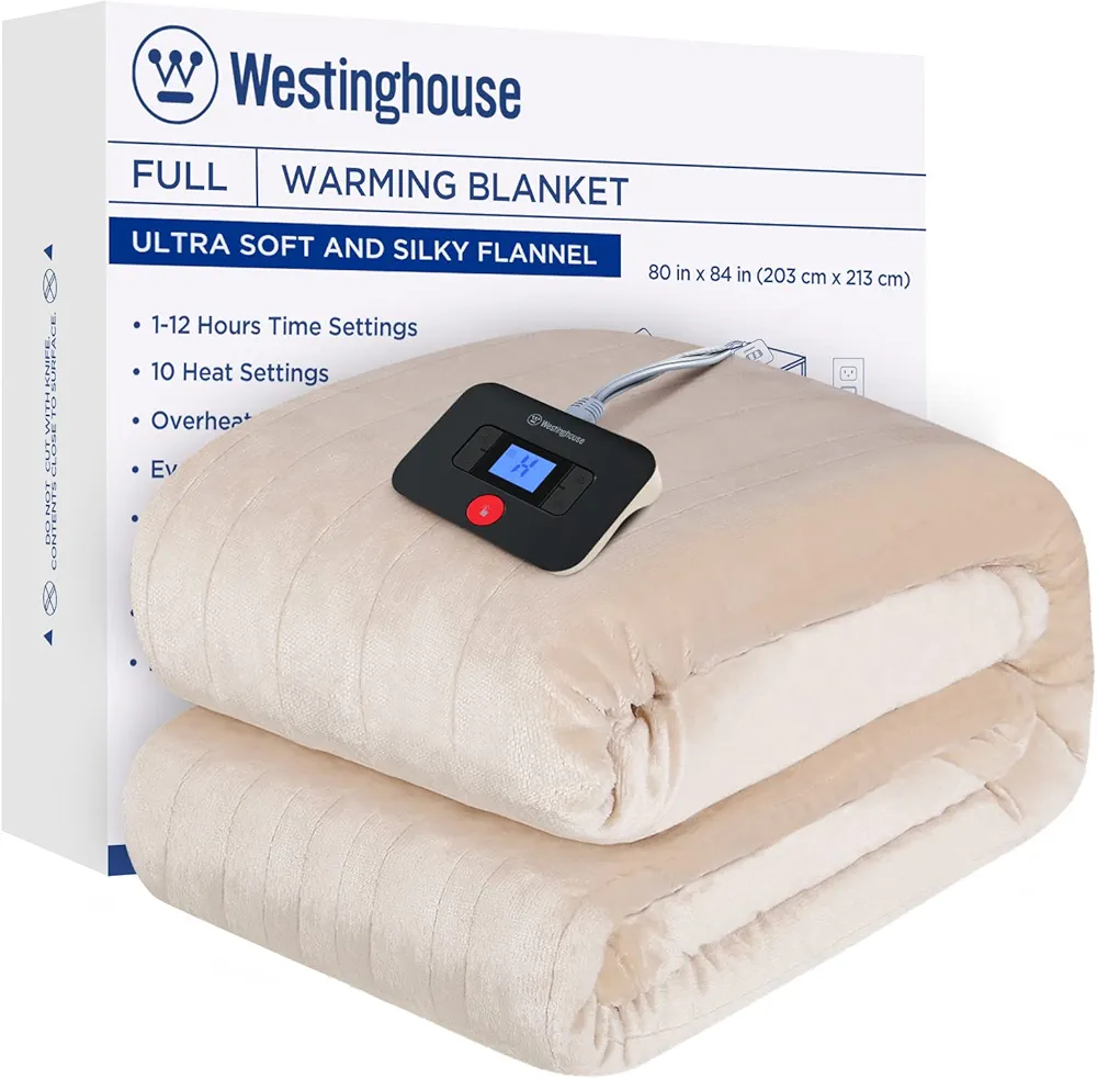 Westinghouse Electric Blanket Full Size, Super Cozy Soft Flannel 80" x 84" Heated Blanket with 10 Fast Heating Levels & 1-12 Auto-Off, Machine Washable, ETL&FCC Certification, Beige