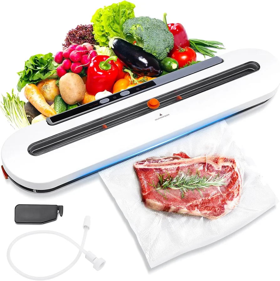 Vacuum Sealer, Powerful Suction Vacuum Sealer for Food, 7-in-1 Compact Food Vacuum Sealer Machine with 10 Pcs Vacuum Bags, White