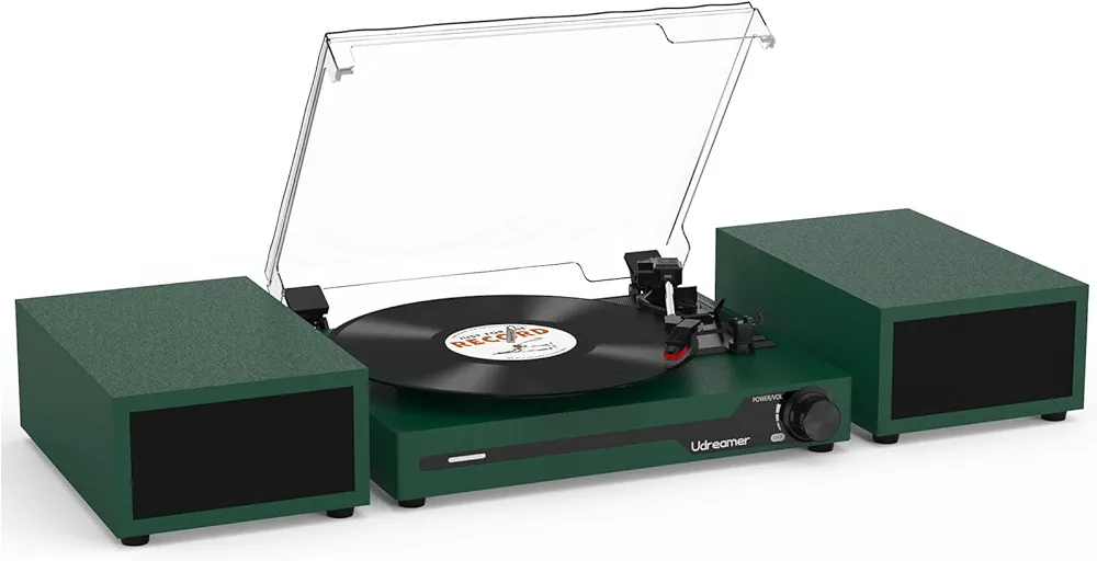 Vinyl Record Player with External Speakers BT 5.3 Wireless Turntable Portable with 3 Speed USB Vintage DarkGreen