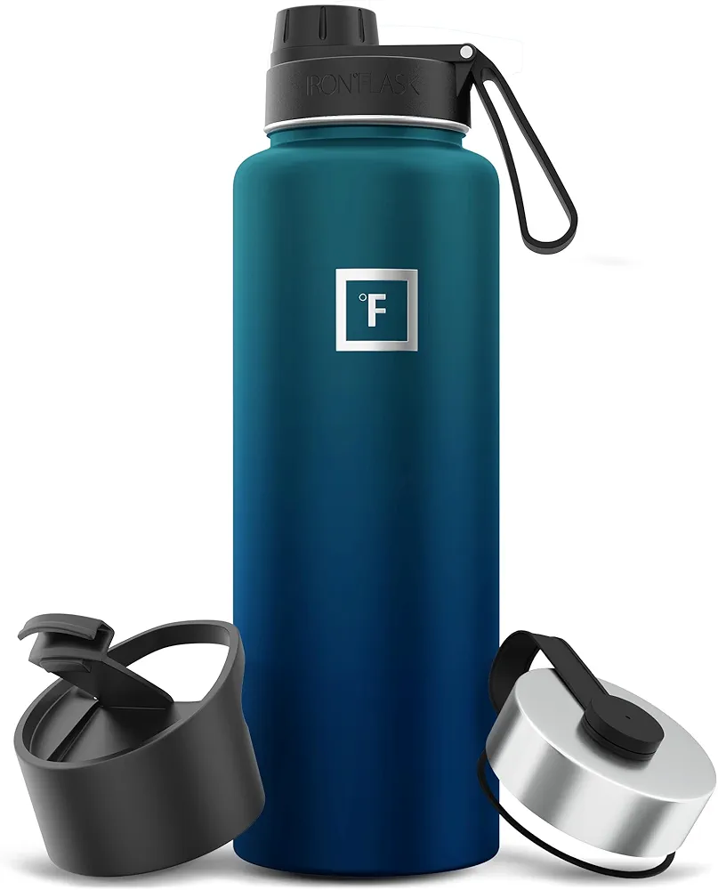 IRON °FLASK Camping & Hiking Hydration Flask with 3 Lids - Stainless Steel, Double Walled & Vacuum Insulated Water Bottle - Leak Proof & BPA Free (Dark Night, Spout - 40 oz)