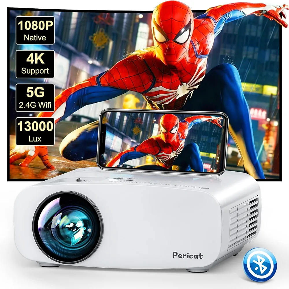 5G WiFi Bluetooth Projector, Pericat Native 1080P Movie Projector for Phone, Portable Outdoor Projector, 13000L Home Theater Video Projector, Mini Projector Compatible w/ PC, HDMI, USB, TV Stick, PS5