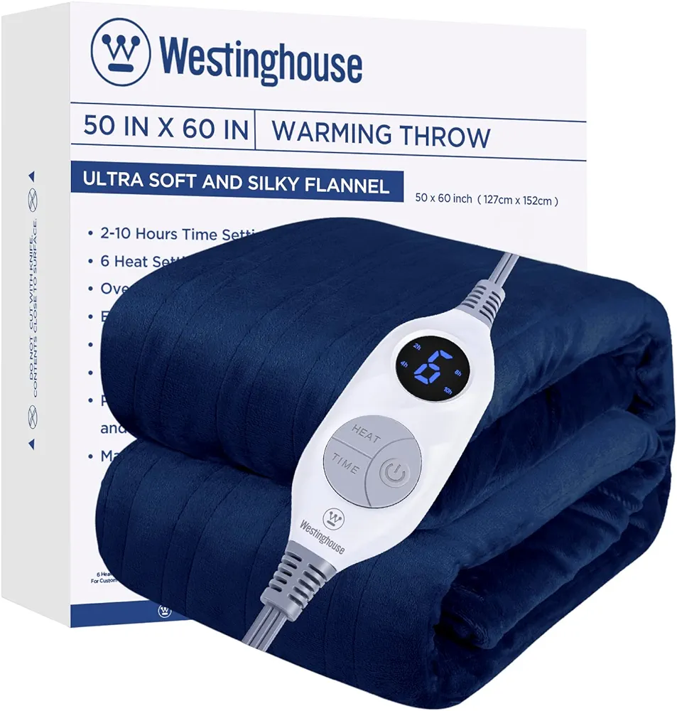 Westinghouse Electric Blanket Heated Throw, Super Cozy Soft Flannel 50" x 60" Heated Throw with 6 Fast Heating Levels & 2-10 Auto-Off, Machine Washable, ETL&FCC Certification, Navy Blue