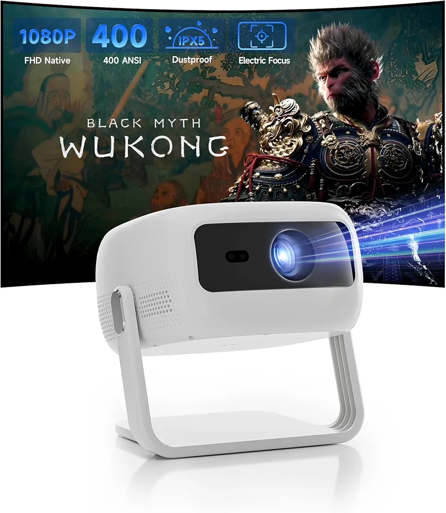 Native 1080P HD Projector with 4K Support, WiFi 6, Bluetooth, Dustproof Design, Motorized Focus, Built-in Speaker, Smart Projector for Indoor/Outdoor Use, Compatible with Android/iOS/Windows/TV Stick