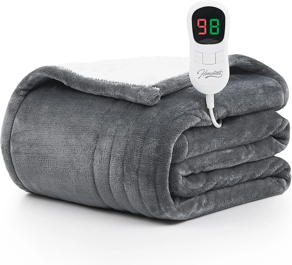 Homemate Heated Blanket Electric Throw - 50"x60" Heating Blanket Throw 1/2/4/6/8 Hours Auto-off 10 Heat Level Heat Blanket Over-heat Protection Flannel Sherpa Heater Blanket Electric ETL Certification