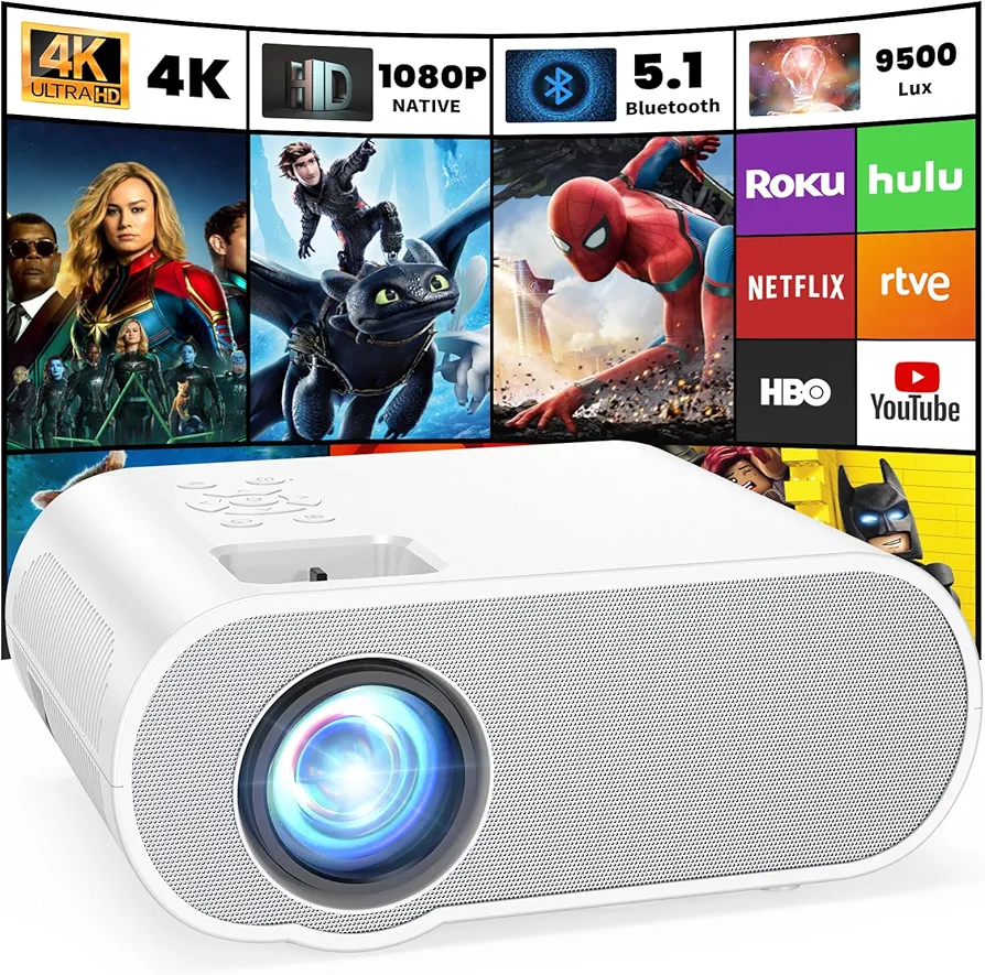 Projector, Native 1080P Full HD Bluetooth Projector with Speaker, Outdoor Portable Movie Mini Projector Compatible with Laptop, Smartphone, TV Stick, Xbox, PS5