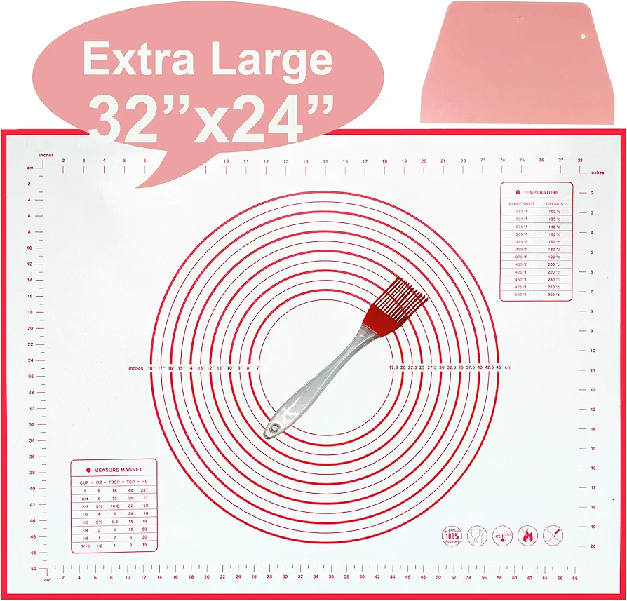 Silicone Pastry Mat Extra Large, 32" x 24" Non-stick Baking Mat with Measurement Kneading Board for Dough Rolling, Non-slip Counter Mat, Oven Liner, Fondant/Pie Crust Mat