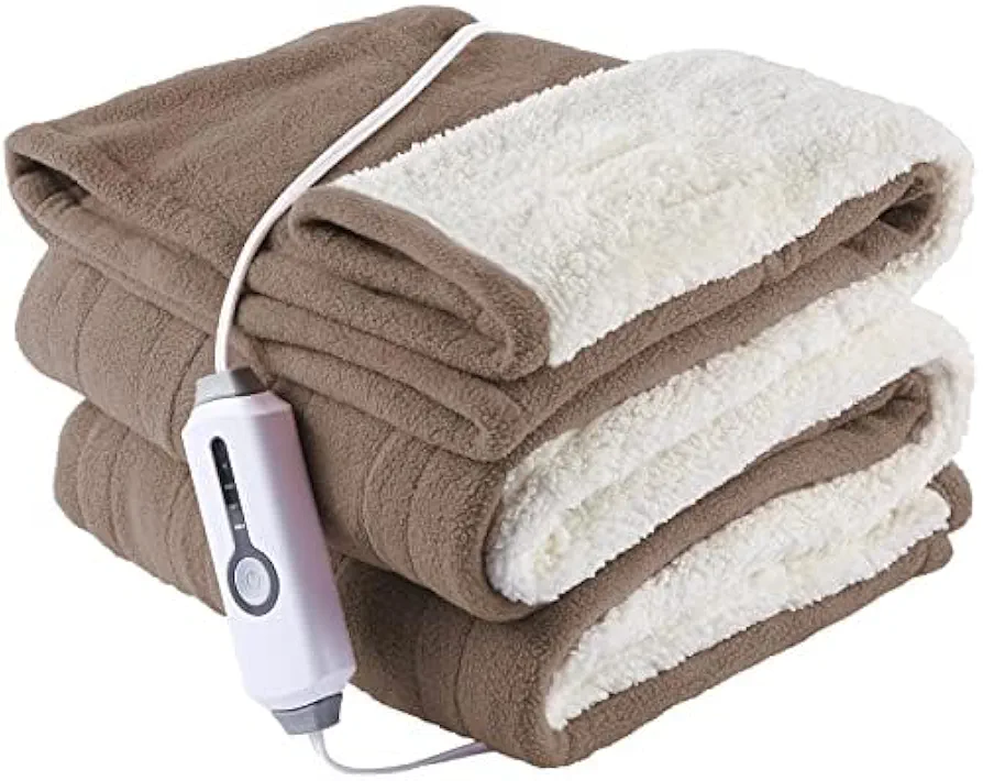 YAKEE Electric Heated Throw 50"x60" Comfortable Polar Fleece & Sherpa Soft Warming Heating Blanket with 4 Heating Levels & 3H Auto Shut Off, Machine Washable, Color Flaxen