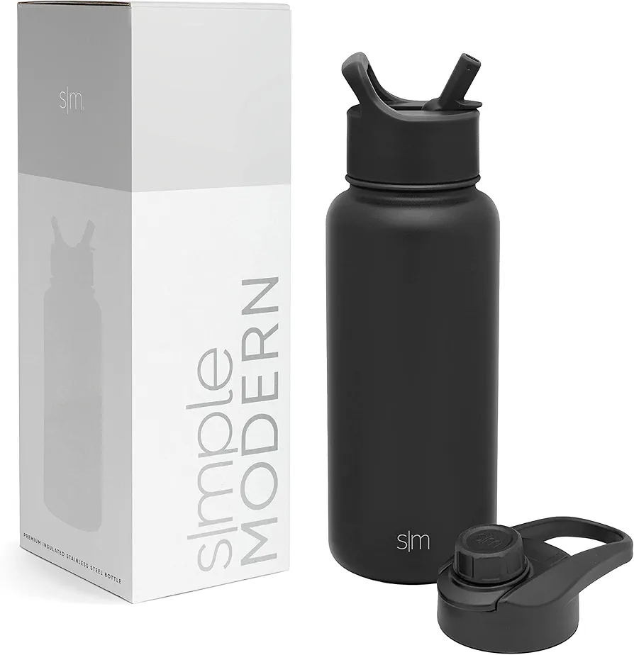 Simple Modern Water Bottle with Straw and Chug Lid Vacuum Insulated Stainless Steel Metal Thermos | Reusable Leak Proof BPA-Free Flask for Sports Gym Summit Collection 32oz, Midnight Black