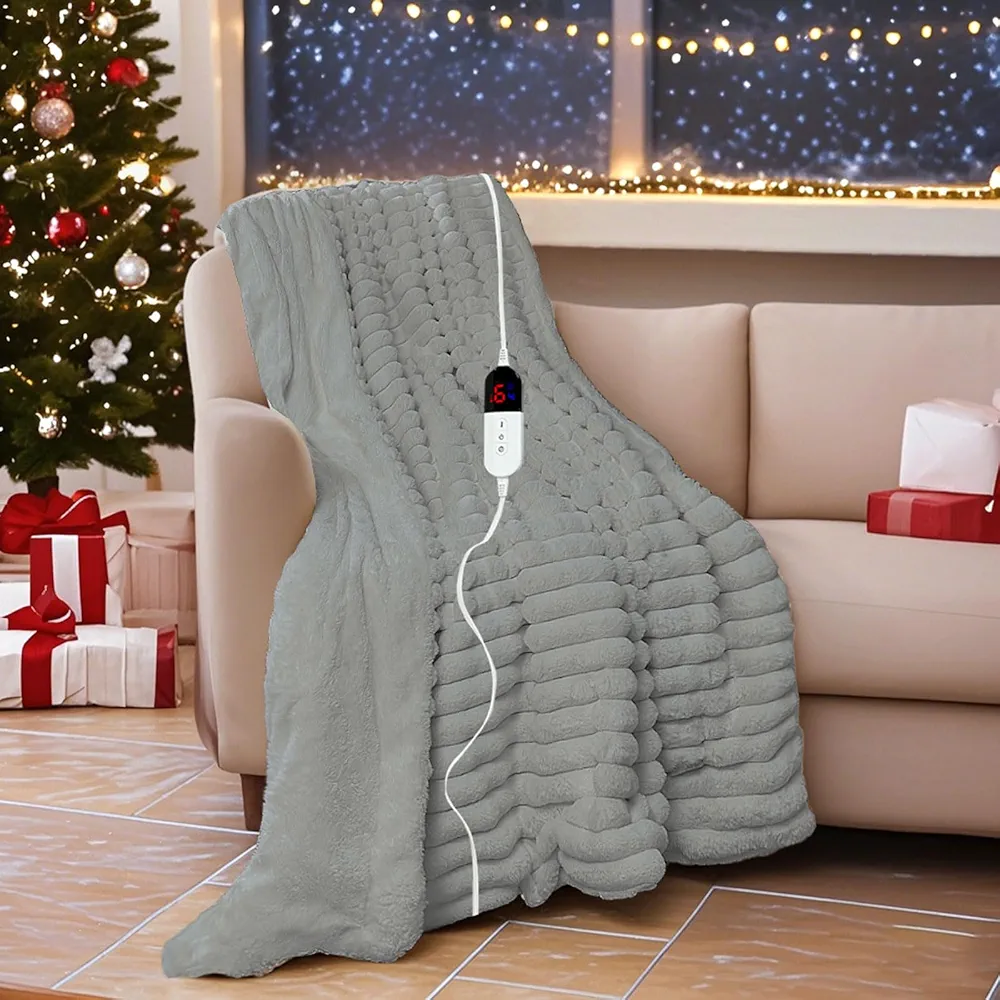 Heated Electric Blanket Throw: 6-Level Fast Heating, 4-Hour Auto-Off, Soft&Warm Stripe Faux Rabbit Fur, for Couch Home Office，with Overheating Protection & ETL Certified(50 x 60,Light Gray)