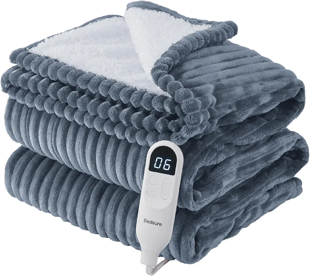 Bedsure Electric Blanket Twin - Soft Ribbed Flannel Heated Blanket, Heating Blanket with 10 Time Settings, 6 Heat Settings, and 8 hrs Timer Auto Shut Off (62x84 inches, Grey)