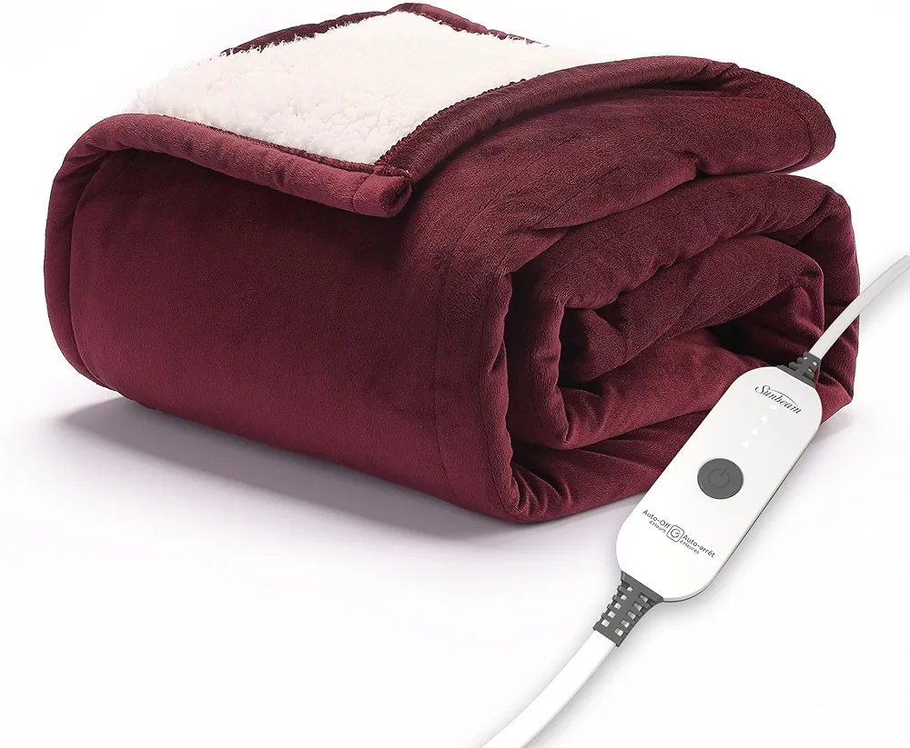 Sunbeam Royal Mink Sherpa Cabernet Heated Personal Throw / Blanket, Cozy-Warm, Adjustable Heat Settings