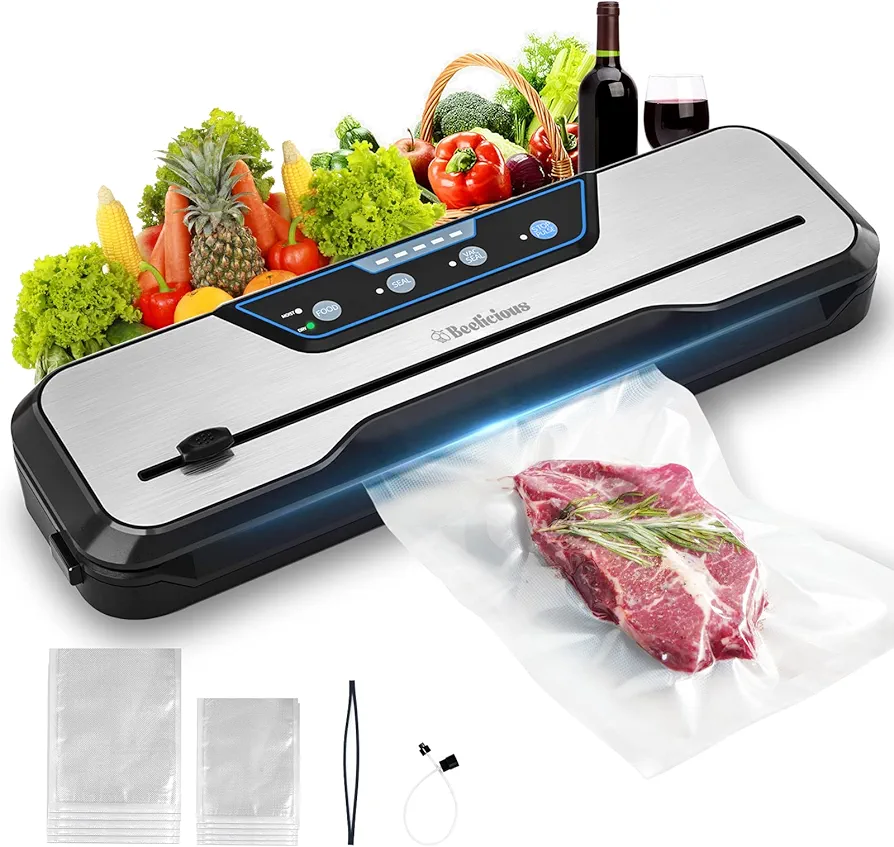 Vacuum Sealer Machine, with Starter Kit and 2-Year Warranty, Beelicious Automatic Air Sealing for Food Storage, Build-in Cutter, Moist Mode, EXT-VAC